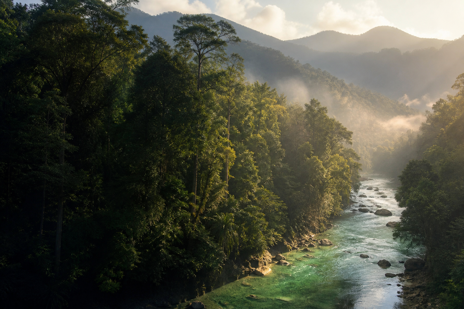 Bentang hutan tropis dan sungai di pagi hari
